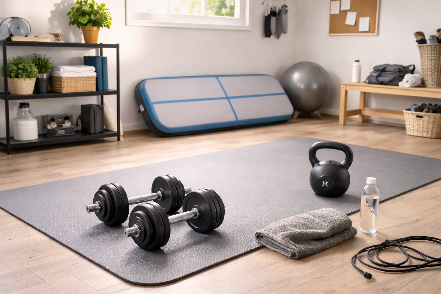 Hjemme fitnesscenter med håndvægte og træningsmåtte
