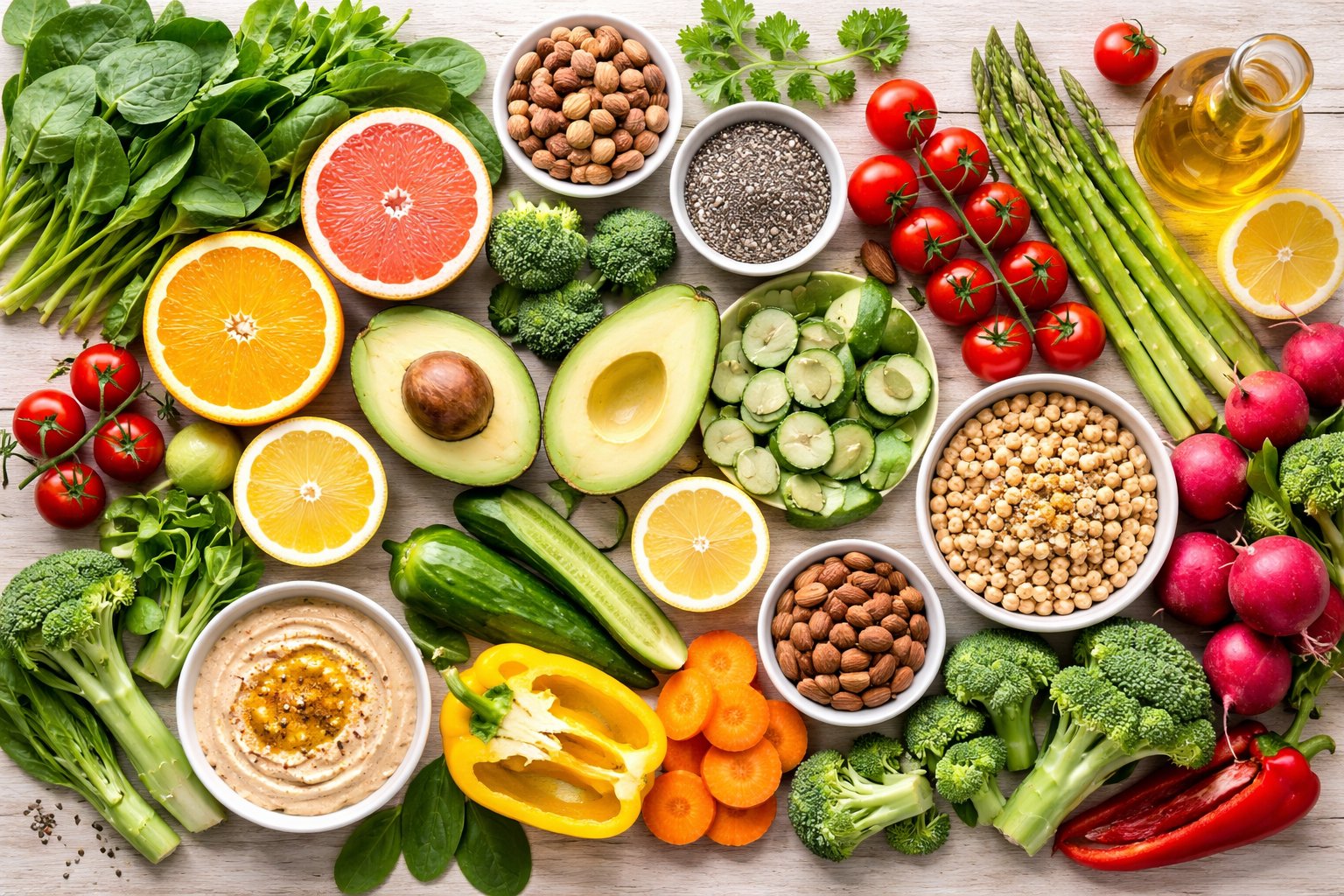 Sunde fødevarer med frugt og grøntsager til bedre hud