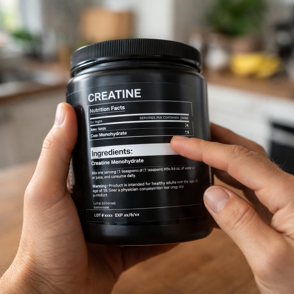 Person der studerer næringsdeklaration på kreatinpulver
