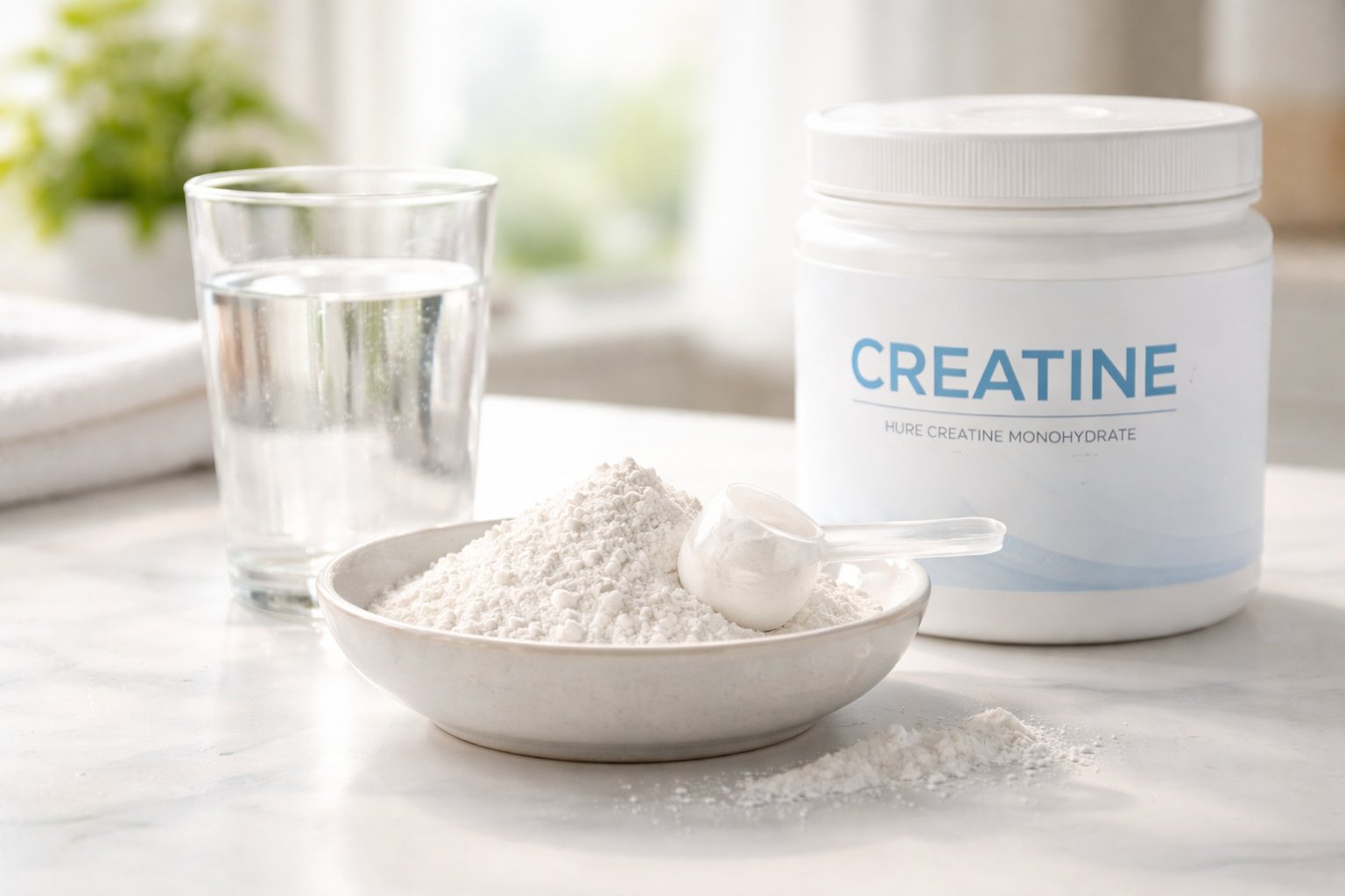 Kreatinpulver med måleskefuld og vandglas klar til daglig dosis