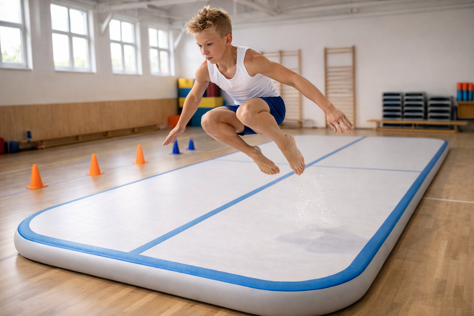 Gymnast der udfører spring på en airtrack gymnastikmåtte