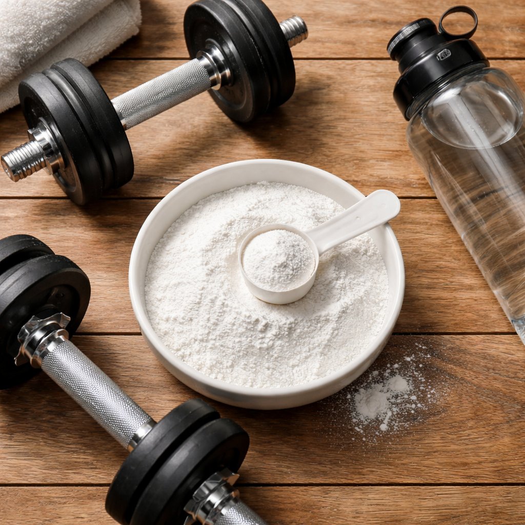 Kreatinpulver i en skål ved siden af træningsudstyr
