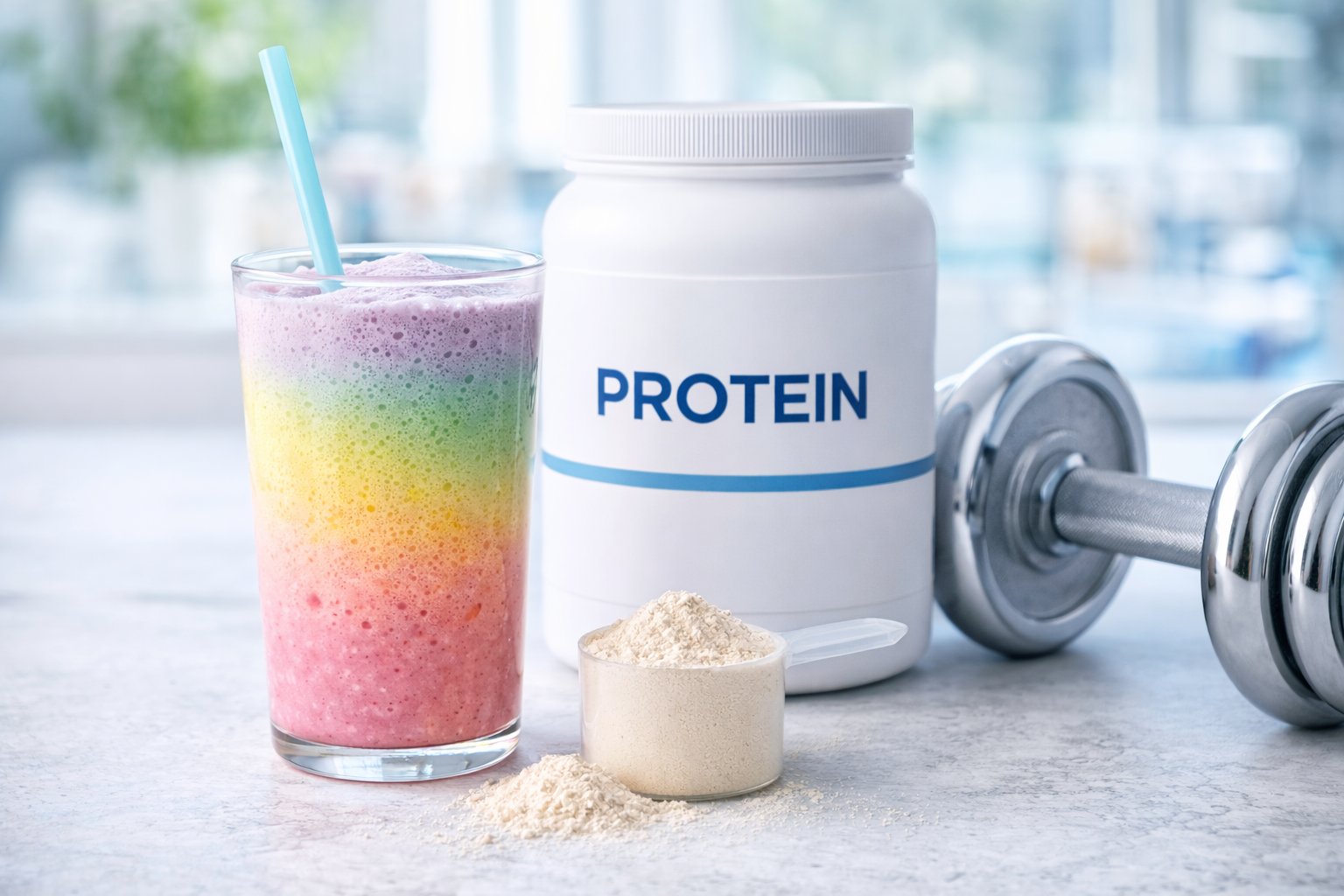 Proteinpulver shake ved siden af træningsudstyr