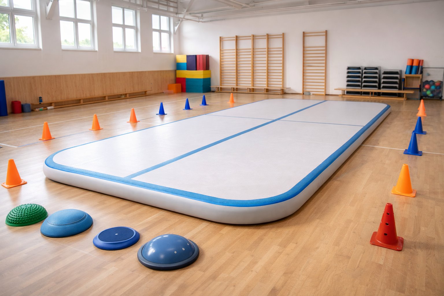 Airtrack sat op som træningsbane i en gymnastiksal